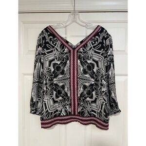 White House Black Market Top V Neck 3/4 Sleeve Flowy Bold S Floral Graphic Print